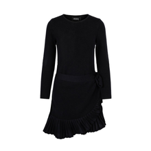  CHRISTINA knit dress in 100% black merino wool - wrap around with ruffled edge