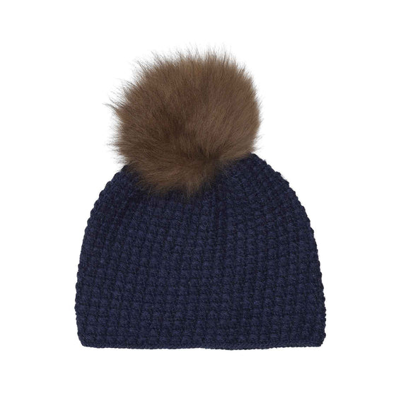 Beanie eksklusiv hue mørkeblå i 100% alpaca med ægte pelspom